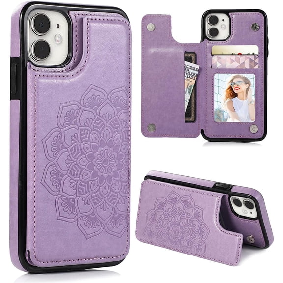 for iPhone 12 Pro/iPhone 12 Wallet Case with Card Holder,Mandala Emboss PU Leather with Kickstand Credit Card Slots Clasp Slim Flip Cover for iPhone 12/12 Pro 6.1 Inch (Purple)