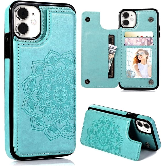 for iPhone 12 Pro/iPhone 12 Wallet Case with Card Holder,Mandala Emboss PU Leather with Kickstand Credit Card Slots Clasp Slim Flip Cover for iPhone 12/12 Pro 6.1 Inch (Mint)