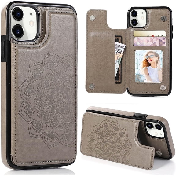 for iPhone 12 Pro/iPhone 12 Wallet Case with Card Holder,Mandala Emboss PU Leather with Kickstand Credit Card Slots Clasp Slim Flip Cover for iPhone 12/12 Pro 6.1 Inch (Gray)