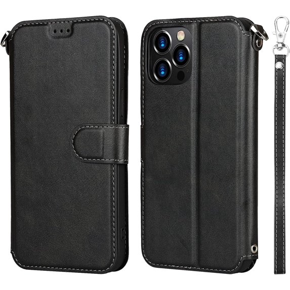 for iPhone 12 Pro/iPhone 12 Wallet Case with Card Holder Slots,Kickstand Phone Cover Premium Leather Magnetic Closure Slim Flip Shockproof Wrist Strap Case for iPhone 12 Pro 6.1",Black