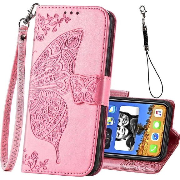 for iPhone 12 Pro/iPhone 12 Wallet Case,Women Flip Folio Cover with Butterfly Embossed PU Leather Kickstand Credit Card Holder Slots Wrist Strap for iPhone 12/12 Pro 6.1 inch (Pink)