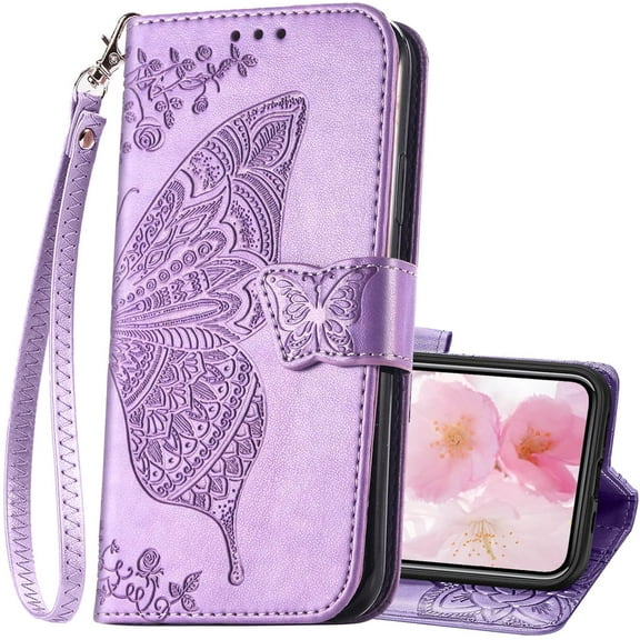for iPhone 12 Pro/iPhone 12 Wallet Case,Women Flip Folio Cover with Butterfly Embossed PU Leather Kickstand Credit Card Holder Slots Wrist Strap for iPhone 12/12 Pro 6.1 inch (Lavender)
