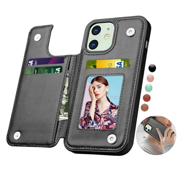 iPhone 12 Pro / iPhone 12 Wallet Case, iPhone 12 PU Leather Case, Njjex PU Leather Slim Folio Flip Kickstand Shockproof Cards Holder Wallet Case Cover -Black