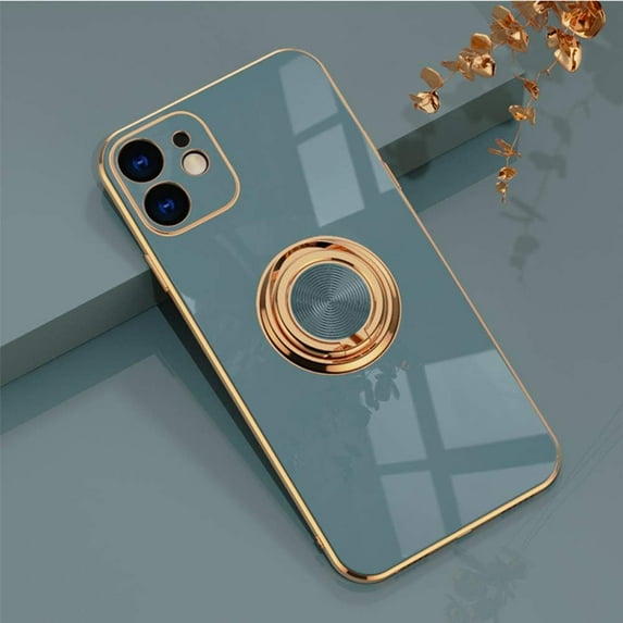 for iPhone 12 Ring Holder Case 360 Degree Rotation Kickstand Girly Case Shiny Glitter Plating Rose Gold Edge Work with Magnetic Car Mount Slim Soft Tup Case for Women Girls Gray