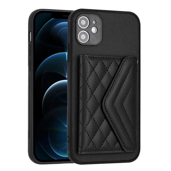 for iPhone 12 Slim Case with Card Holders and Strap for Women, iPhone 12 Phone Case Wallet PU Leather Kickstand RFID Blocking Flip Shockproof Wallet Case - Black