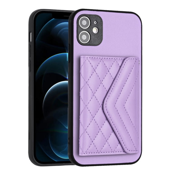 for iPhone 12 Slim Case with Card Holders and Strap for Women, iPhone 12 Phone Case Wallet PU Leather Kickstand RFID Blocking Flip Shockproof Wallet Case - Purple