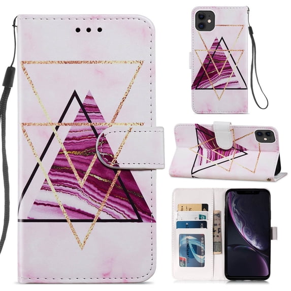 iPhone 12 Wallet Case with Card Holder, iPhone 12 Pro Cover with Hand Strap, Allytech PU Leather Soft TPU Back Shockproof Magnetic Button Kickstand Case for iPhone 12/12 Pro 6.1", Triangle Marble