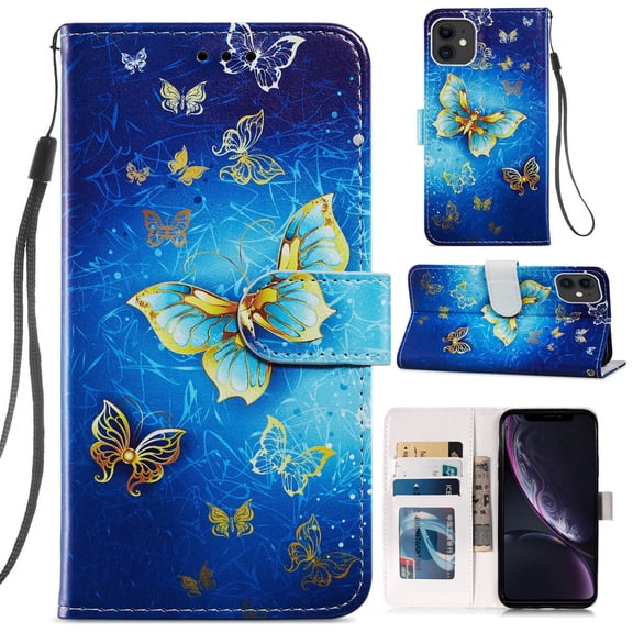 iPhone 12 Wallet Case with Card Holder, iPhone 12 Pro Cover with Hand Strap, Allytech PU Leather Soft TPU Back Shockproof Magnetic Button Kickstand Case for iPhone 12/12 Pro 6.1", Gold Butterfly