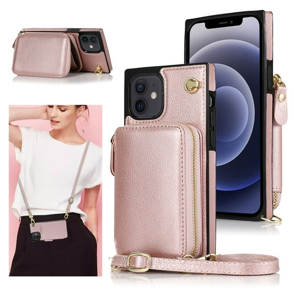 iPhone 12 Wallet Case, iPhone 12 Pro Case, Dteck Zipper Crossbody Phone Case with Card Holder Wrist Strap Purse Cover Compatible with iPhone 12 Pro / iPhone 12 6.1 inch, Rosegold