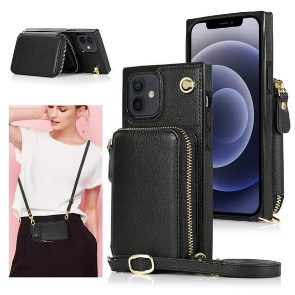 iPhone 12 Wallet Case, iPhone 12 Pro Case, Dteck Zipper Crossbody Phone Case with Card Holder Wrist Strap Purse Cover Compatible with iPhone 12 Pro / iPhone 12 6.1 inch, Black