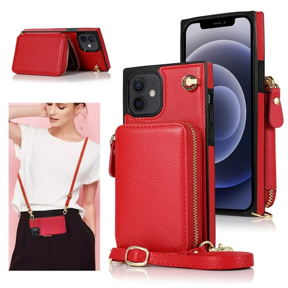 iPhone 12 Wallet Case, iPhone 12 Pro Case, Dteck Zipper Crossbody Phone Case with Card Holder Wrist Strap Purse Cover Compatible with iPhone 12 Pro / iPhone 12 6.1 inch, Red