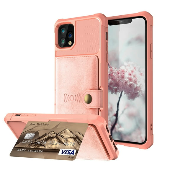 iPhone 12 Wallet Case,iPhone 12 Pro Case, Shockproof Rubber Card Holder Wallet PU Leather Back Phone Case Kickstand Protective Scratch Hybrid Bumper Shell for Apple iPhone 12/12 Pro 6.1 inch, Rosegold
