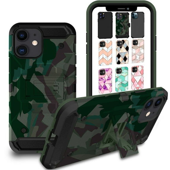 iPhone 12 iPhone 12 PRO 6.1" 2020 A2172 A2402 A2341 A2406 A2404 A2403 A2408 A2407 Heavy Duty Military Print Belt Clip Rugged Cover - Military Green(with Holster)