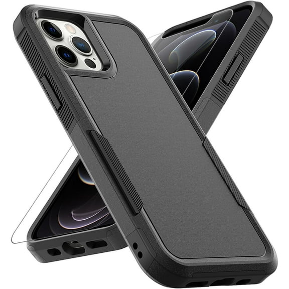 for iPhone 12 / iPhone 12 PRO Case: Dual Layer Protective Heavy Duty Cell Phone Case Shockproof Rugged Bumper Tough with Screen Protector -  Grade Drop Tested for iPhone 12/12 PRO, Black