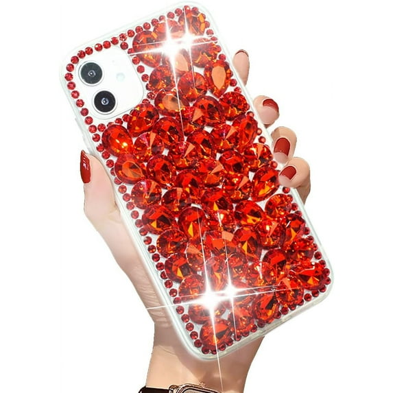 iPhone 12 /iPhone 12 Pro Bling Glitter Case,Luxury Shiny Diamond Crystal Rhinestone Sparkly Jewelled Gemstone 3D Handmade Clear Cover Case for Women Girls with iPhone 12 /iPhone 12 Pro 6.1'' (Red)