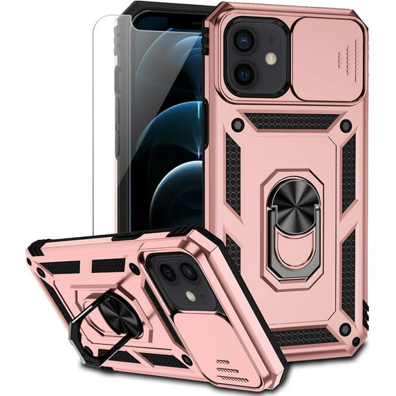 for iPhone 12 / iPhone 12 Pro Case with Camera Lens Cover HD Screen Protector, Military Grade Drop Protection Magnetic Ring Holder Kickstand Protective Phone Case for iPhone 12 / 12 Pro (Rose Gold)