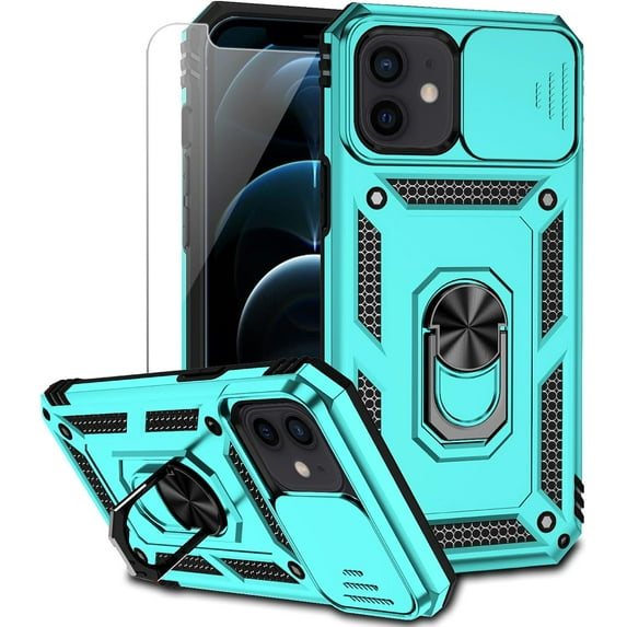 for iPhone 12 / iPhone 12 Pro Case with Camera Lens Cover HD Screen Protector, Military Grade Drop Protection Magnetic Ring Holder Kickstand Protective Phone Case for iPhone 12 / 12 Pro (Mint)