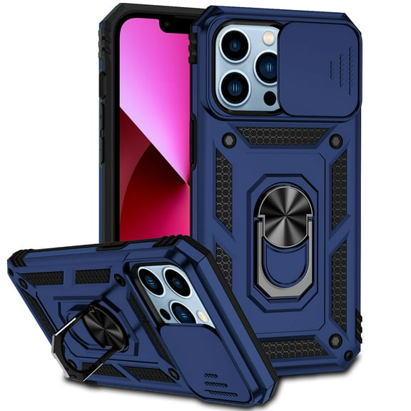 iPhone 12/iPhone 12 Pro Case,Dteck Shockproof Rubber Rugged Case Hybrid Hard Ring Holder Kickstand Slide Camera Lens Protector Cover for Apple iPhone 12/12 Pro,Blue