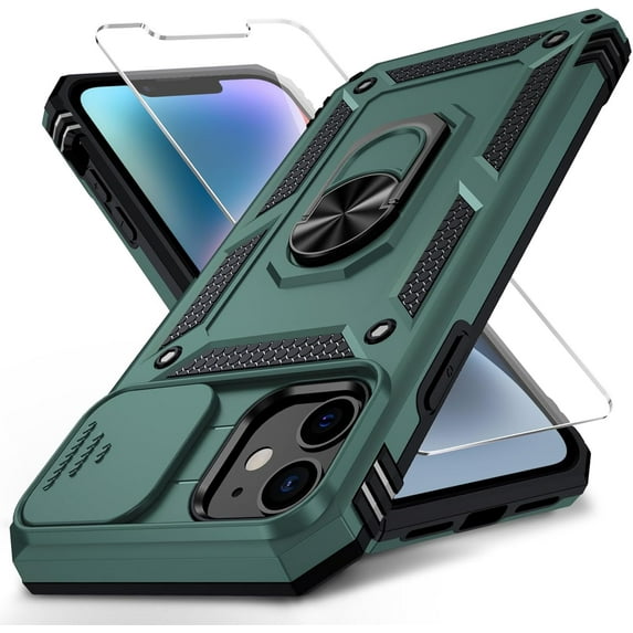 for iPhone 12 / iPhone 12 Pro Case with Slide Camera Cover HD Screen Protector Heavy Duty Military Grade Shockproof Magnetic Ring Holder Kickstand Phone Case for iPhone 12/12 Pro,Pine Green