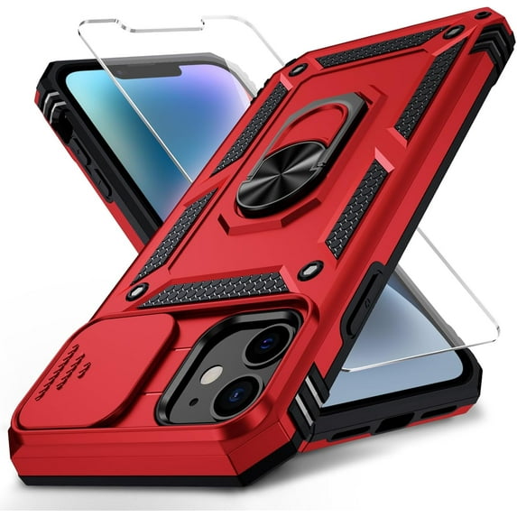 for iPhone 12 / iPhone 12 Pro Case with Slide Camera Cover HD Screen Protector Heavy Duty Military Grade Shockproof Magnetic Ring Holder Kickstand Phone Case for iPhone 12/12 Pro,Red