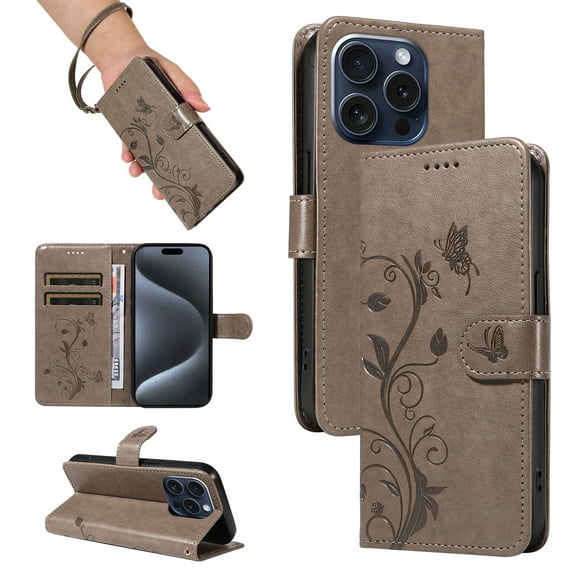 iPhone 12/ iPhone 12 Pro Case Wallet with Cards Holder,Allytech Stylish Butterfly Embossed Shockproof Flip Stand Cover for Girls Women Hand Wrist Wallet Case for Apple iPhone 12/12 Pro - Gray