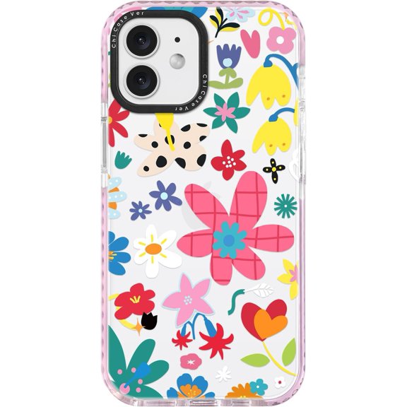 for iPhone 12 & iPhone 12 Pro Case, Whimsical Abstract Spring Floral Collage Pattern, Military-Grade Drop Protection, Colorful TPU Protective Cover with Camera Control for Women Girls
