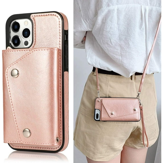 iPhone 12/iPhone 12 Pro Wallet Card Holder Case with Crossbody Neck Strap Lanyard Handbag Wrist Strap PU Leather Flip Cover with Credit Card Slot Kickstands Stand Case 6.1 inch Rose Gold