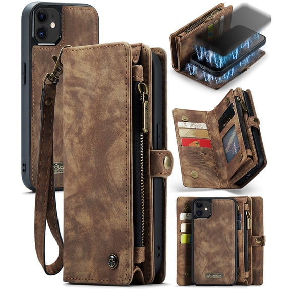 For iPhone 12, iPhone 12 Pro Wallet Case,Multi-Functional Retro Leather Purse Flip Cover Zipper Wallet Case with Removable Card Slots Pocket & Detachable Wrist Strap Magnetic Phone Case, Darkbrown