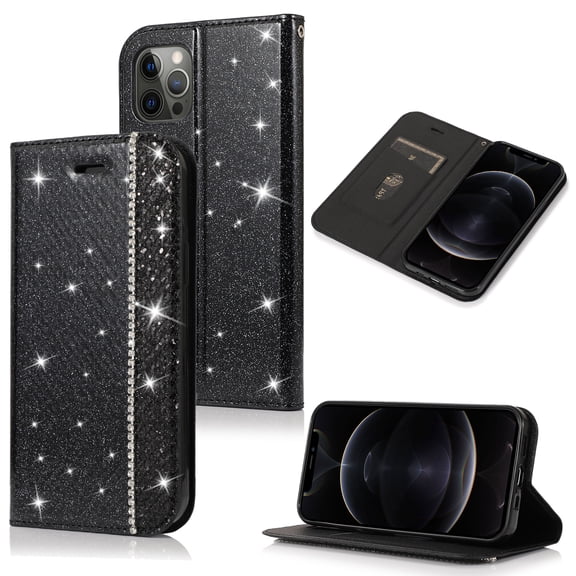 iPhone 12 mini Case, iPhone 12 mini Wallet Case, Allytech Bling Glitter Design PU Leather Credit Cards Wallet Case Folio Flip Cover Shockproof Protection Cover for Apple iPhone 12 mini, Black
