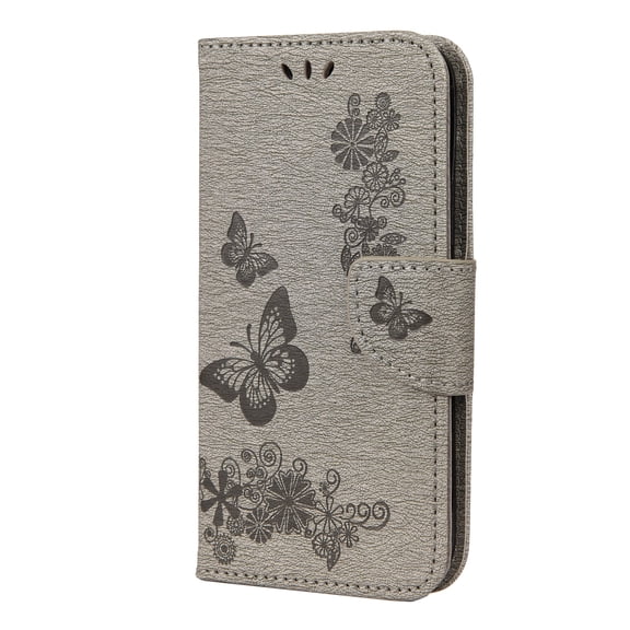iPhone 12 mini Case Wallet, Allytech Slim Fit PU Leather Butterfly Embossed Folding Stand Folio Flip Shockproof Card Slots Wallet Case Cover for Apple iPhone 12 Mini 5.4-Inch, Gray