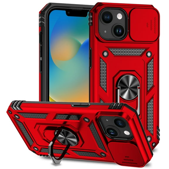 iPhone 12 mini Kickstand Armor Case with Slide Camera Lens Protection Cover Built-in 360掳 Rotate Ring Holder Stand Magnetic Military Shockproof Phone Cover Case for iPhone 12 mini, Red