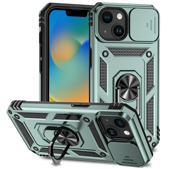 iPhone 12 mini Kickstand Armor Case with Slide Camera Lens Protection Cover Built-in 360° Rotate Ring Holder Stand Magnetic Military Shockproof Phone Cover Case for iPhone 12 mini,
Darkgreen