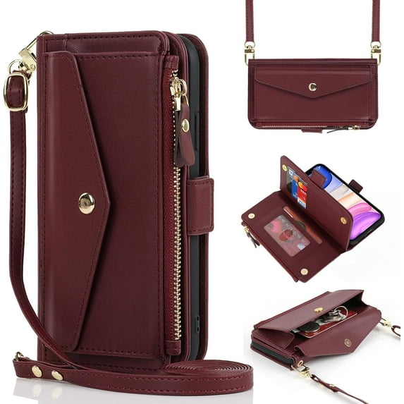 for iPhone 12 pro Wallet case,iPhone 12 Phone case with Zipper Card Holders for Women Slots Crossbody Flip Folio Book Cover with Credit Card Holder Men case - red