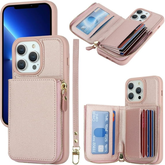 iPhone 12 pro max Phone case Wallet with Zipper Card Holders for Women, iPhone 12 pro max Case Wallet with Credit Card with Ring Kickstand Zipper Stand Case for iPhone12promax - Pink