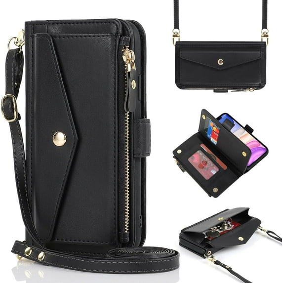 for iPhone 12 pro max Wallet case,iPhone 12 pro max Phone case with Zipper Card Holders for Women Slots Crossbody Flip Folio Book Cover with Credit Card Holder Men case - Black