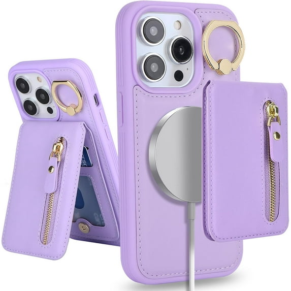 iPhone 12 pro max case with Card Holder, iPhone 12 pro max Phone Case Wallet for Women magsafe Compatible Wallet Detachable 2-in-1 for Men-Purple