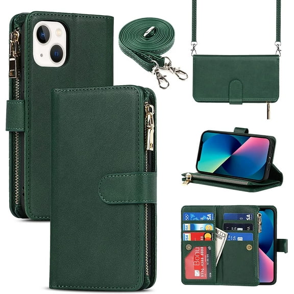 iPhone 13/14 Phone Case Wallet for Women Men with Card Holder, iPhone 13 Crossbody Case with Strap Shoulder Lanyard, Zipper Pocket PU Leather Cases Purse for iPhone 13,6.1 Inch Dark Green
