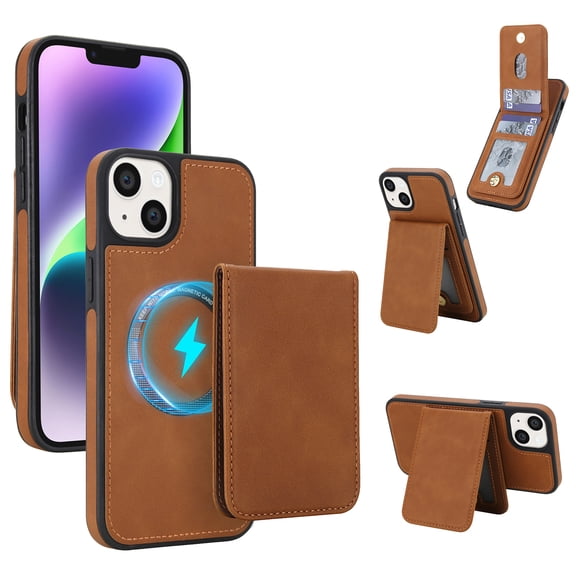 for iPhone 13 2 In 1 Detachable Magnetic Case, PU Leather TPU Cover with Removable Card Slots Kickstand Slim Shockproof Protective Rugged Case Cover, Brown