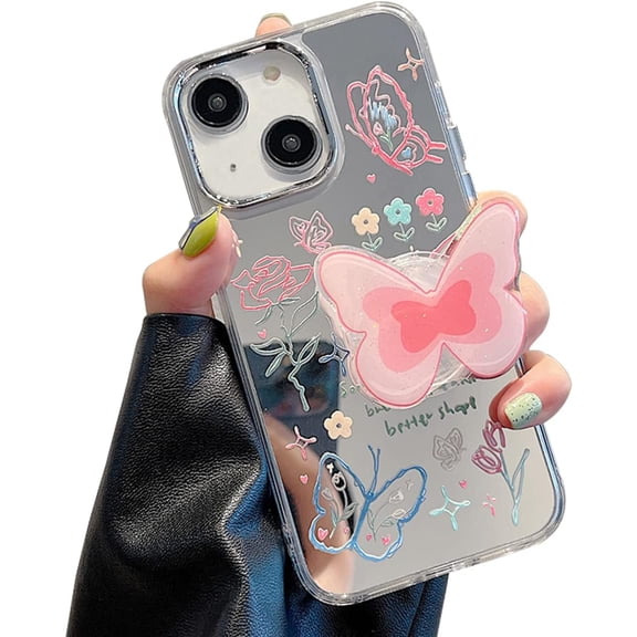 iPhone 13 6.1'' Mirror Case with Hand Stand Holder Flexible Cute Case Soft Print Silicone Clear Makeup Mirror Women Girls Shockproof Protect Cover Case for iPhone 13(Butterfly)