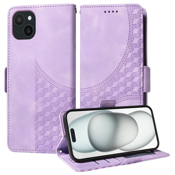 for iPhone 13 6.1" Pattern Wallet Case, Magnetic Closure PU Leather Wallet Flip Case with Card Holder Kickstand Shockproof Purse Phone Cover with Wrist Strap for iPhone 13, Purple