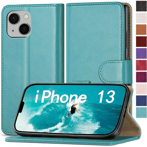 for iPhone 13 6.1" Phone case[RFID Blocking Leather],[3 Credit Card Slot] Flip Folio Book Shockproof Protector,Holder Stand Cases,Women Men for Apple 13 Wallet Cover,Blue Green