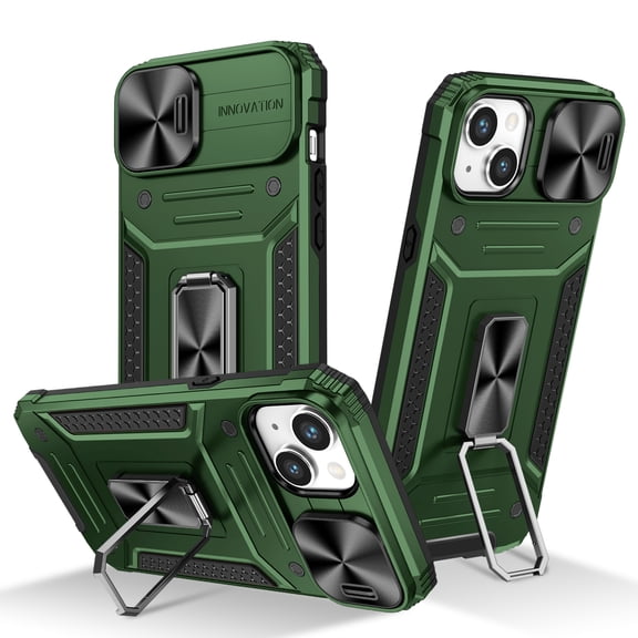 for iPhone 13 Armor Case Stand, [Built in Kickstand & Slide Camera Cover] Military Grade Drop Protection Shockproof Hard PC Heavy Duty Bumper Phone Case For iPhone 13, Darkgreen