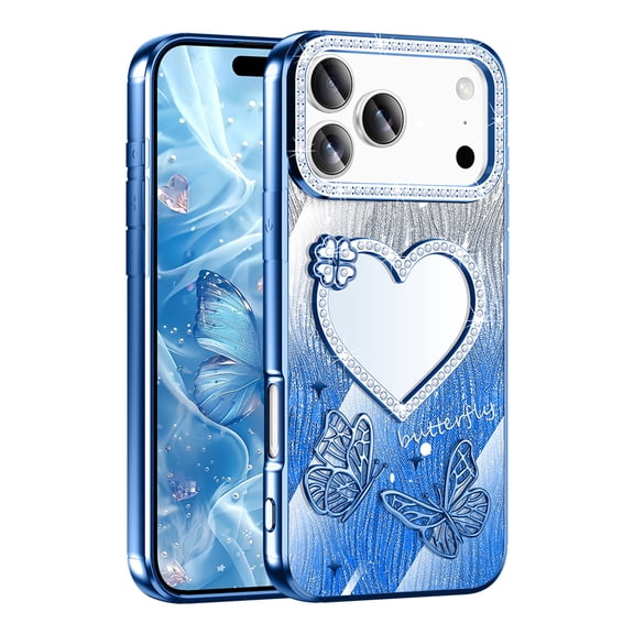 for iPhone 13 Back Case, Luxury Diamond Plating Glitter Butterfly Floral Ultra Slim Shock-Absorbent Flexible Lightweight Non-Slip Heart Makeup Mirror Protective Women Girls Cover, Blue