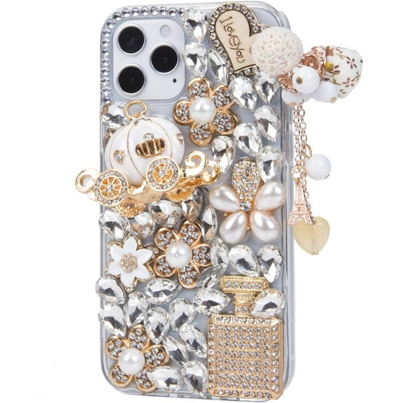 for iPhone 13 Bling Case, Girls Women 3D Luxury Sparkle Glitter Diamond Crystal Rhinestone Pumpkin Car Charm Pendant Protective Case Cover for iPhone 13 6.1 inch (Clear)