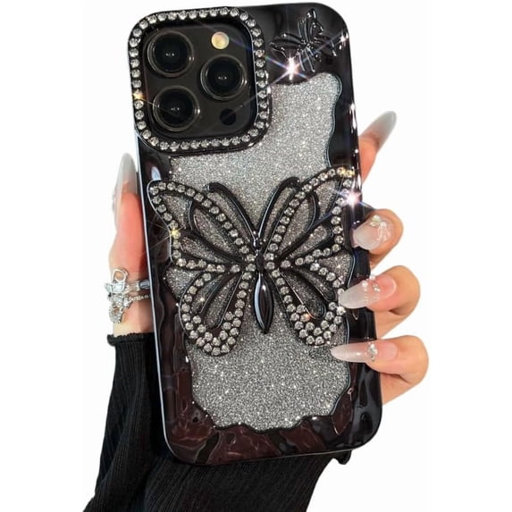 for iPhone 13 Bling Glitter Butterfly Case,Cute Sparkle Diamond Slim Plating Crystal Rhinestone Phone Cover for Women Girls Protective Camera Protection Bumper,Black