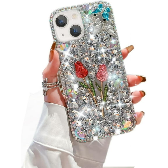iPhone 13 Bling Glitter Case,Luxury Bling Diamond Rhinestone Gemstone 3D Rose Flower Gemstone Soft TPU Back Cover Case for Women Girls with iPhone 13 6.1"