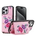thumbnail image 1 of for iPhone 13, Card Slots Back Case, 1 Shoulder Strap and 1 Lanyard, Floral Pattern PU Leather RFID Blocking Make-up Mirror Kickstand Magnetic Clasp Phone Cover for Women Girls, Pink, 1 of 11