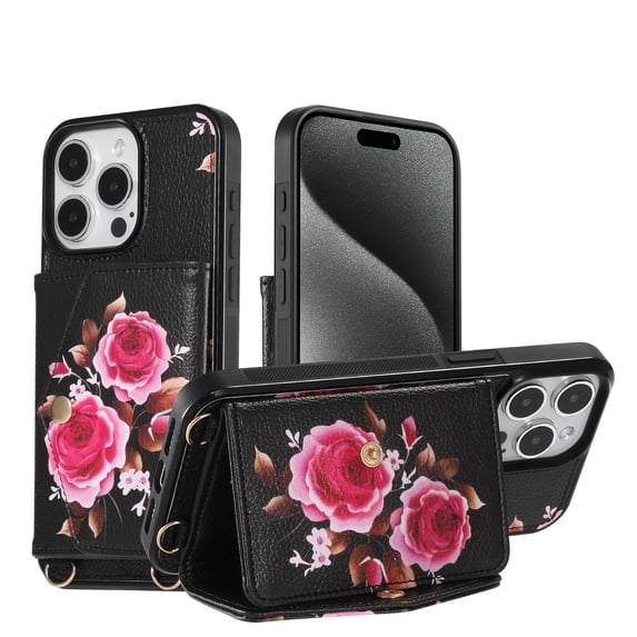 for iPhone 13, Card Slots Back Case, 1 Shoulder Strap and 1 Lanyard, Floral Pattern PU Leather RFID Blocking Make-up Mirror Kickstand Magnetic Clasp Phone Cover for Women Girls, Black