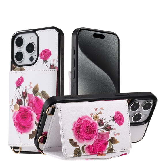for iPhone 13, Card Slots Back Case, 1 Shoulder Strap and 1 Lanyard, Floral Pattern PU Leather RFID Blocking Make-up Mirror Kickstand Magnetic Clasp Phone Cover for Women Girls, White
