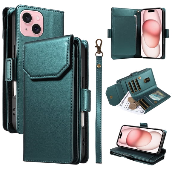 for iPhone 13 Case with 11 Card Slots & 2 Cash Pockets for Woman Man,PU Leather Flip Kickstand Folio [RFID Blocking] Wallet Case, Wrist Strap Magnetic Clasp Protective Cover,Green